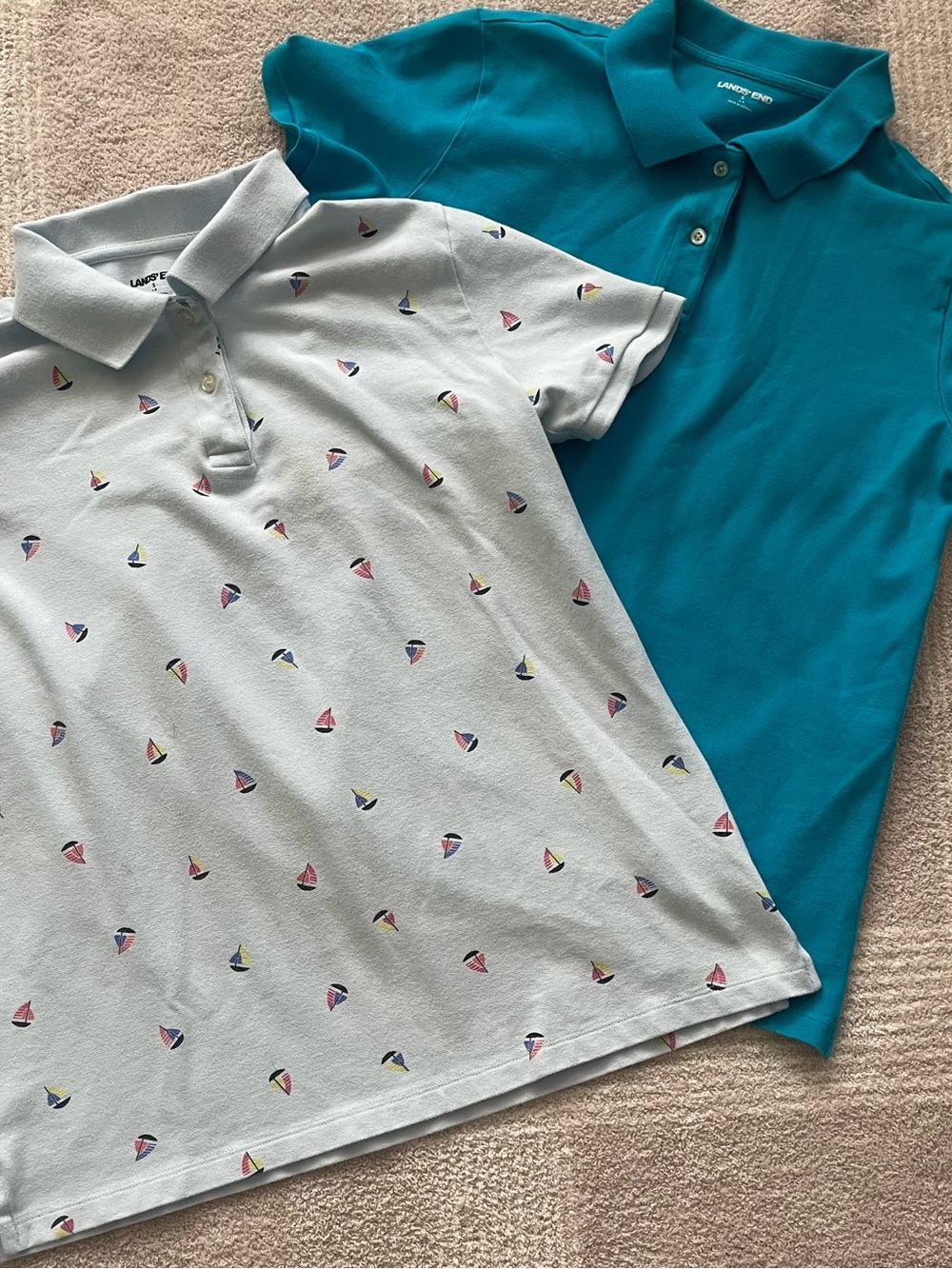 Lands' End Teal Polo and Light Blue Sailboat-Print Polo Lot 2